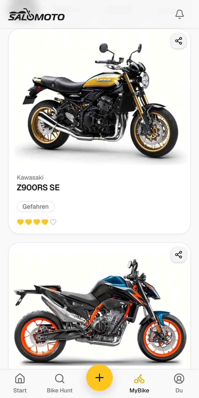 BikeDex auf dem Handy: eigene Motorrad-Karten mit Erfahrung und Bewertung