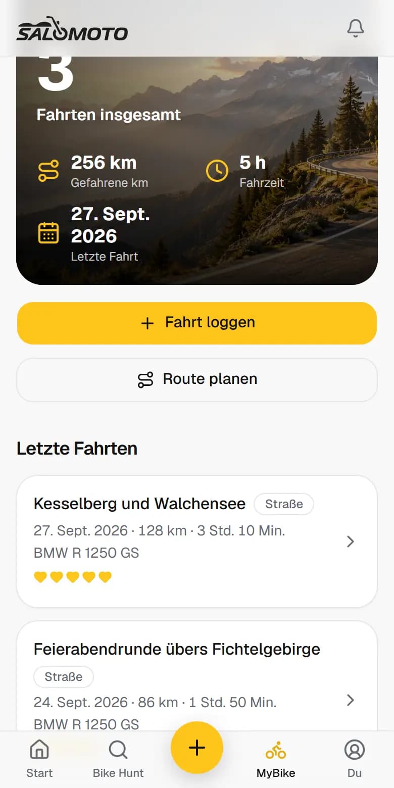 RoadDex auf dem Handy: manuell eingetragene Fahrten mit Strecke, Datum und Bewertung