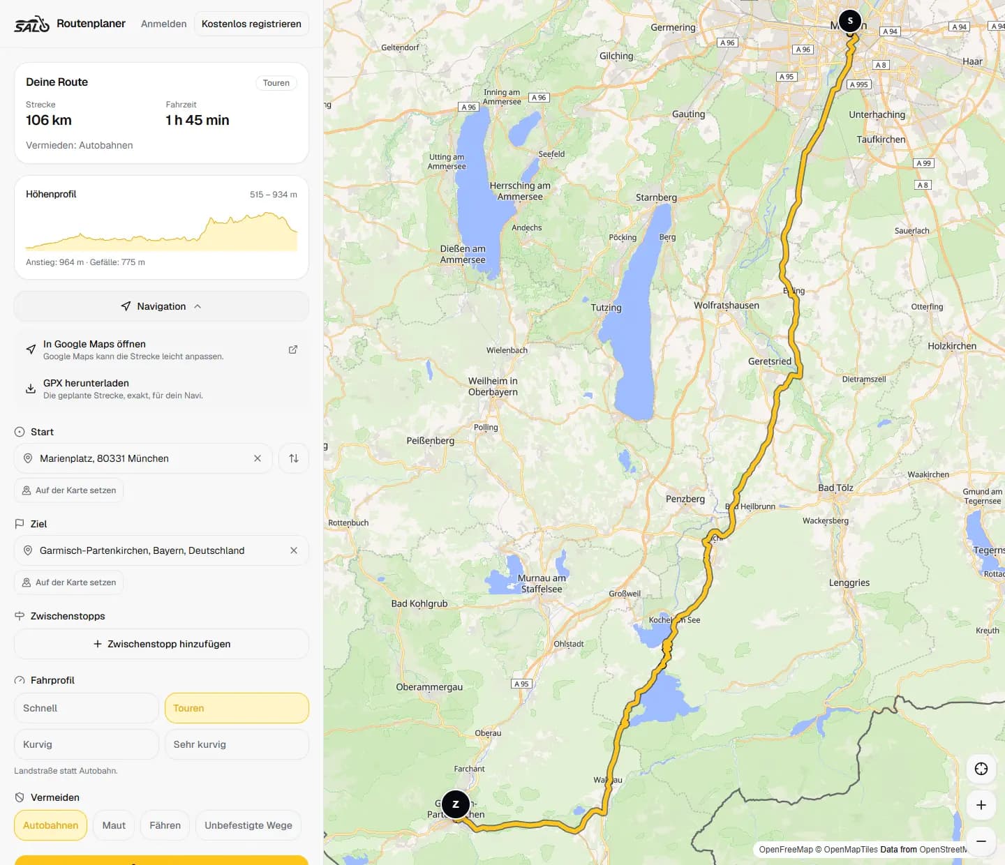 Der Routenplaner mit einer geplanten Route von München nach Garmisch-Partenkirchen, Fahrprofil und Vermeidungen